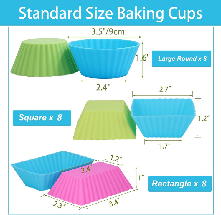 24Pack Silicone Muffin Cups, Reusable Cupcake Liners Molds for Baking, 3 Shapes Lunch Box Bento Dividers-Round, Square, and Rectangular (Colorsful, Regular Size)