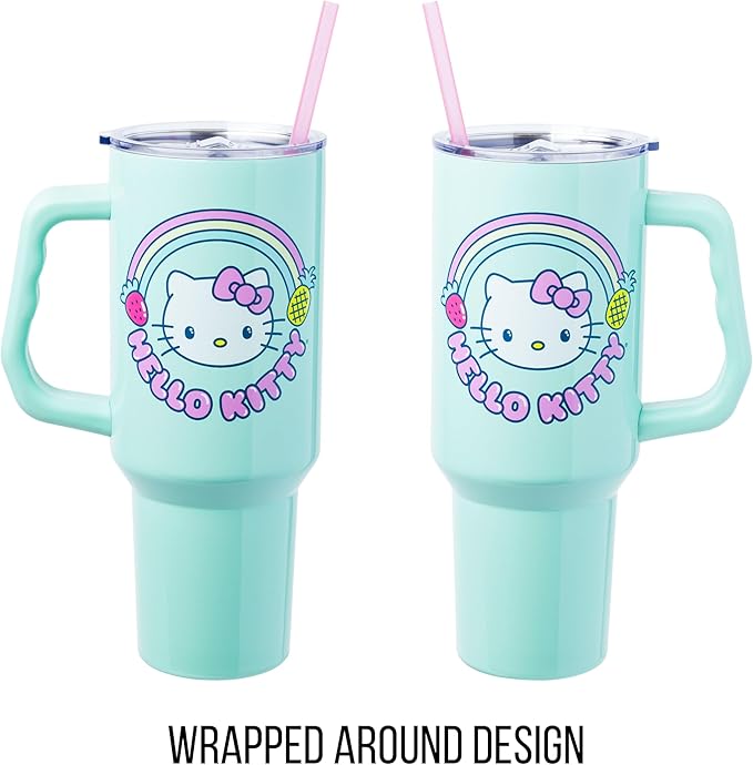 Silver Buffalo Sanrio Hello Kitty Kawaii Strawberry, Pineapple, and Rainbows Stainless Steel Tumbler with Handle and Straw, Fits in Standard Cup Holder, 40 Ounces (Pack of 12)