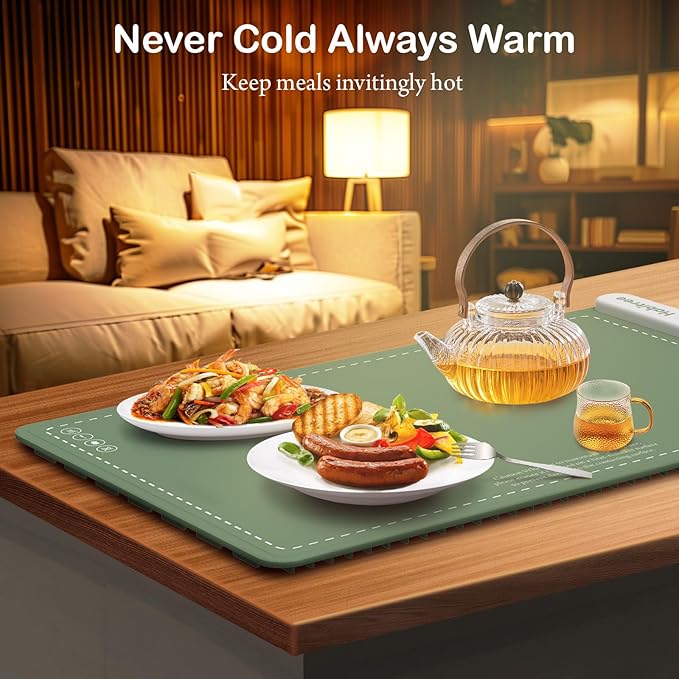 3-Pack Silicone Food Warming Mat & Food Warmers for Parties Buffet - Rapid Heating 6-Level Temp Control, Rollable Portable Easy Clean - Value Set for Gatherings & Home Daily UseοΌGreenοΌ