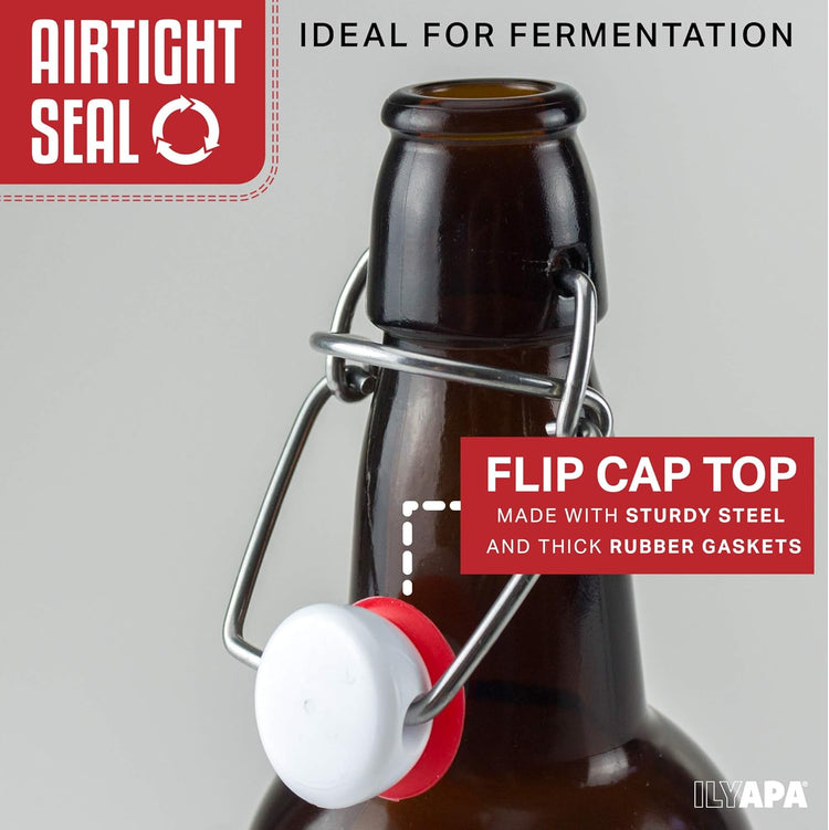 Ilyapa 16oz Amber Glass Beer Bottles for Home Brewing - 6 Pack with Airtight Rubber Seal Flip Caps