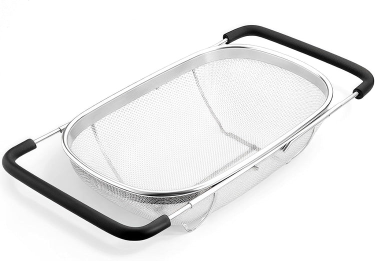 Over The Sink Colander 6 Quart Stainless Steel Fine Mesh Strainer Basket & Expandable Rubber Grip Handles - Strain, Drain, Rinse Fruits, Vegetables