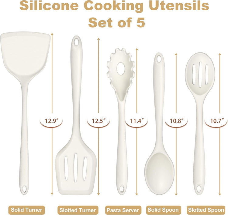 TeamFar Silicone Cooking Utensils Set of 5, Kitchen Utensils Solid & Slotted Spoons Turners Pasta Server for Nonstick Cookware, Healthy & Heat-Resistant, Seamless & Non-Scratch, Dishwasher Safe, White