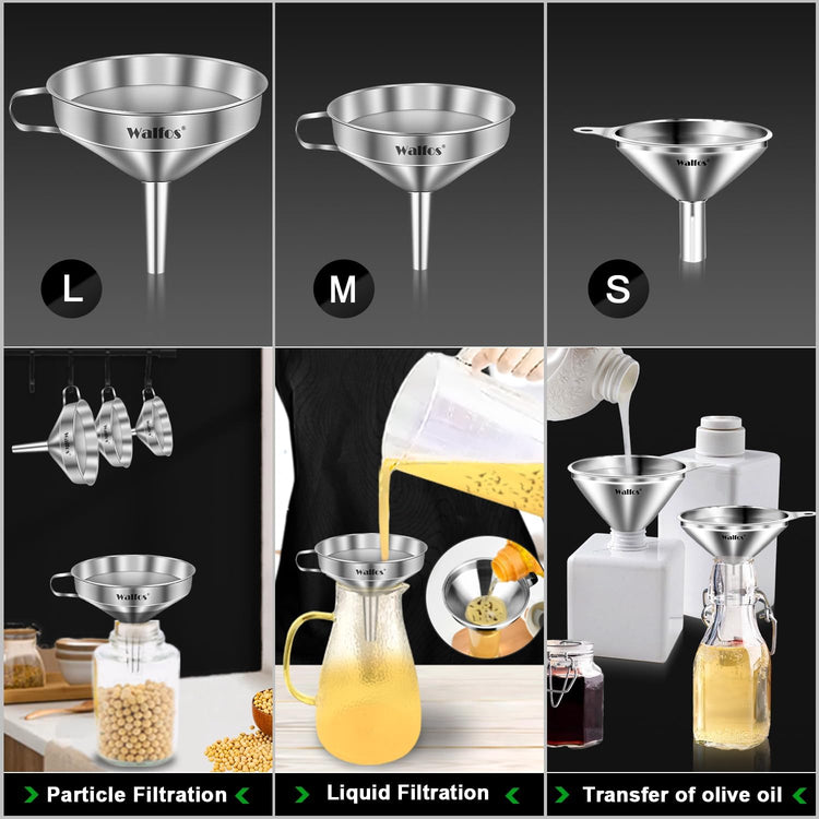 Stainless Steel Funnel, Walfos 3 Different Sizes of Kitchen funnels with 2 Removable Strainer & 1Pcs Cleaning Brush, for Transferring of Liquid, Oils, Jam, Powder