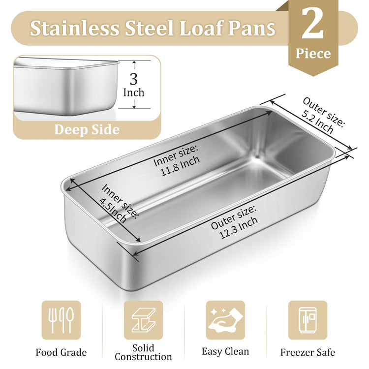 Loaf Pan 12 x 5 Inch Stainless Steel Loaf Pans for Baking Bread (2 Count)
