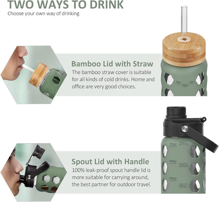 MUKOKO 24oz Glass Water Bottle with 2 Lids-Handle Flip Lid&Bamboo Straw Lid,Motivational Water Tumbler with Time Marker Reminder and Silicone Sleeve, Leakproof-Olive