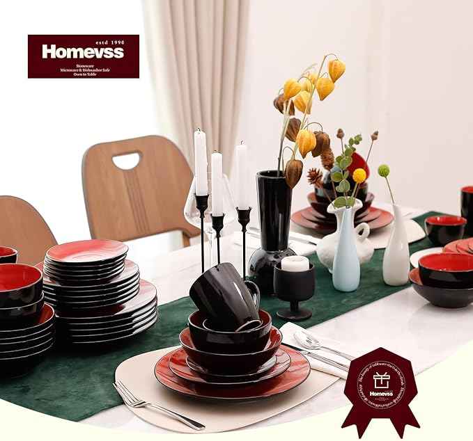 Stoneware Sonoma Dinnerware Set, Black + Speckled Spin Wash (56pc Set, Red)