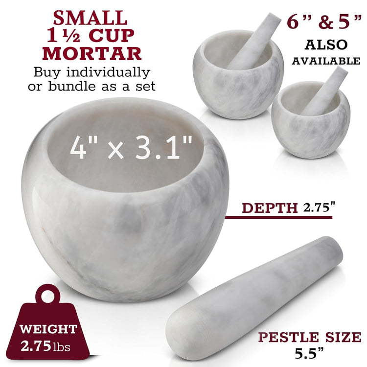 Gusto Nostro Natural Marble Mortar and Pestle Set Small| 4 Inch - 1.5 Cup | Mini Mortar Pestle Set for Grinding Herbs, Nuts, Grains | Pesto Grinding and Guacamole Stone Bowl | Marble Spice Crusher