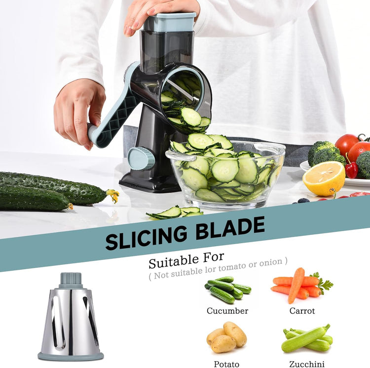 Rotary Cheese Grater Hand Crank Cheese Shredder Vegetable Mandoline Slicer for Kitchen 3 in 1 Changeable Blades for Cheese Potato Nuts Chocolate Ice(GreyBlue)