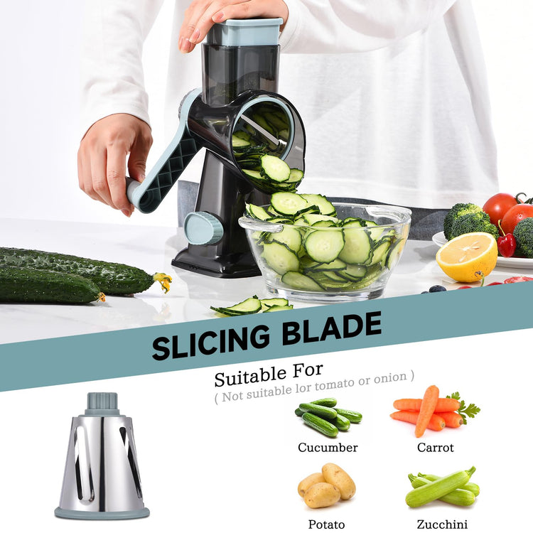 Rotary Cheese Grater with Handle Kitchen Shredder Slicer Grater Slicer Ice Shaver Cheese Vegetable Nuts Potato Zucchini Chocolate 3 Interchangeable Blades
