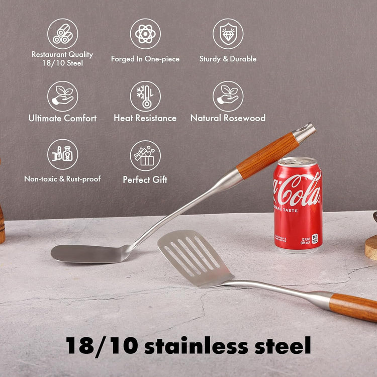 18/10 Stainless Steel Spatulas Set - 15” Long Spatulas for Kitchen, Metal Cooking Utensils - 1 Slotted Spatula + 1 Solid Turner (style B - roosewood handle)