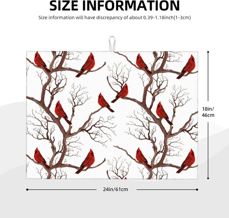 Winter Cardinal Birds Microfiber Dish Drying Mat for Kitchen Counter 18"x24" Christmas Dishes Drying Pad Dish Drainer Rack Mats Absorbent Washable Reusable Christmas Kitchen Home Holiday Decor