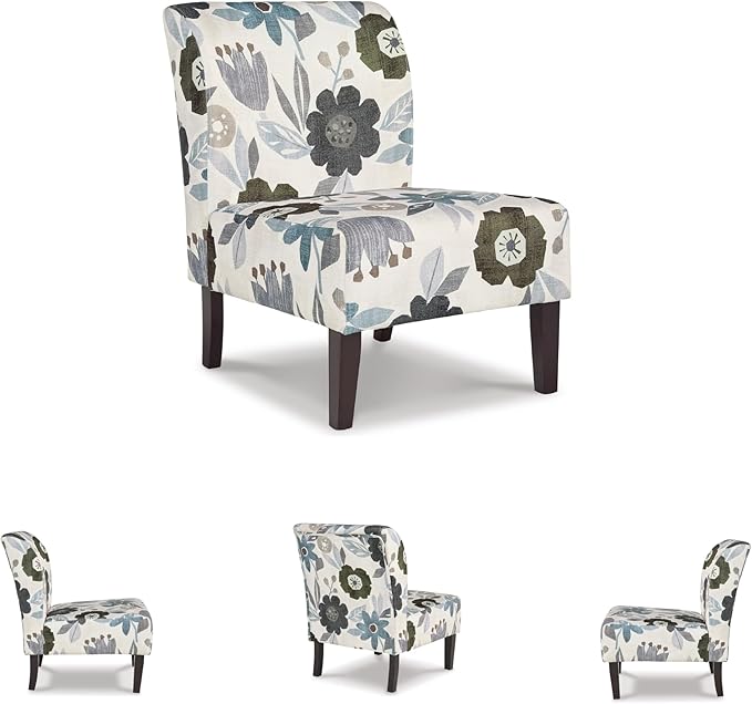 Signature Design by Ashley Triptis Floral Armless Accent Chair with Attached Cushions, Fabric Upholstery, Wood Legs, 16.63" Seat Height, White, Blue & Gray