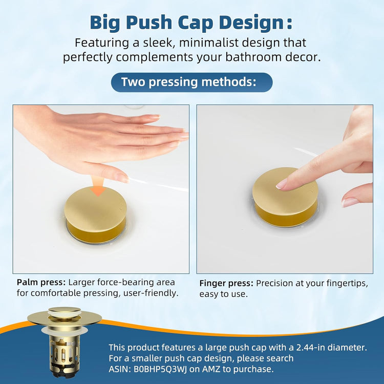 Hibbent 2 Pack Upgraded 3 in 1 Bathroom Sink Drain Strainer, Pop Up Sink Stopper with Big Cap, Anti-Clogging Metal Filter Basket,Sink Plug with Hair Catcher for 1.1''~2.36'' Basin, Brushed Gold