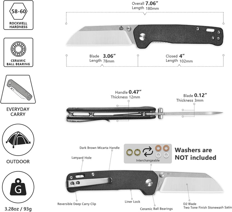 QSP Penguin V2 Folding Pocket Knife, 3.06" D2 Two Tone Finish Stonewash Satin Blade EDC Knife, Dark Brown Micarta Handle, Liner Lock, Ceramic Ball Bearings, Reversible SS Deep Carry Clip