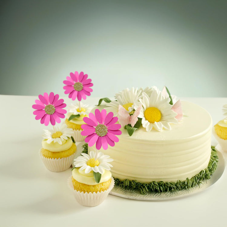 24Pcs Daisy Cupcake Toppers Flower Cake Topper Decorations Daisy Cake Decorations Chrysanthemum Cupcake Toppers Spring Daisy Flower Cake Picks for Birthday Wedding Supplies Rose Red (24 Count)