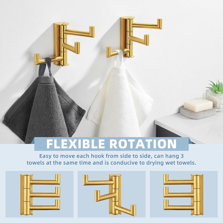 Suyar Bathroom Towel Hook Brushed Gold, SUS 304 Stainless Steel Swivel Coat Robe Holder 3 Foldable Arms, Rotating Wall Hook, 2 Pack