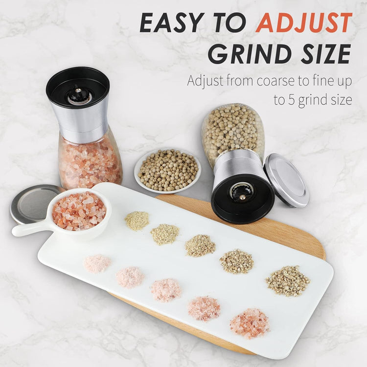 Salt and Pepper Grinder Set - Refillable Grinder Adjustable Coarseness of Pepper Salt Spice Stainless Steel Mills Glass 6oz(2 Pack)