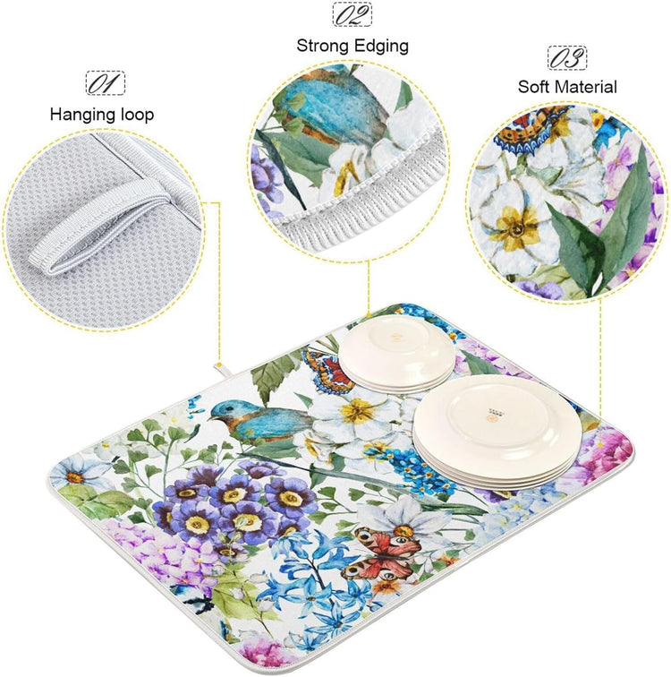 Flowers Birds Butterflies Dish Drying Mat for Kitchen Counter Absorbent Microfiber Drying Pad, Medium 16x18 in, Reversible Drainer Mats