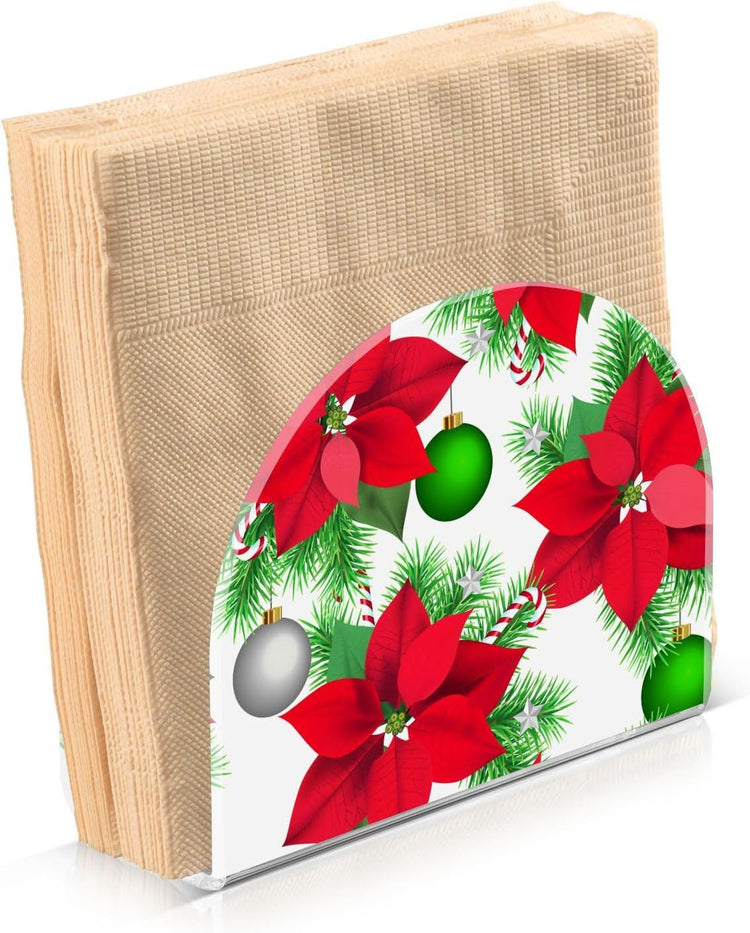 Christmas Poinsettia Flowers Balls Napkin Holder for Table Paper Napkins Holder Acrylic Tissue Dispenser Kitchen Dining Room Bathroom Party Car Decor