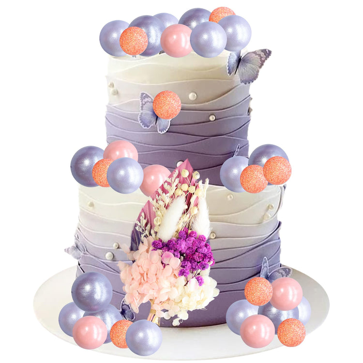 21 Pack Flower Boho Cake Topper Ball Cake Decorations Palm Leaves Plants Cake Decor for Girl Bohemian Princess Theme Wedding Baby Shower Birthday Party Supplies Pink Purple (21 Count)