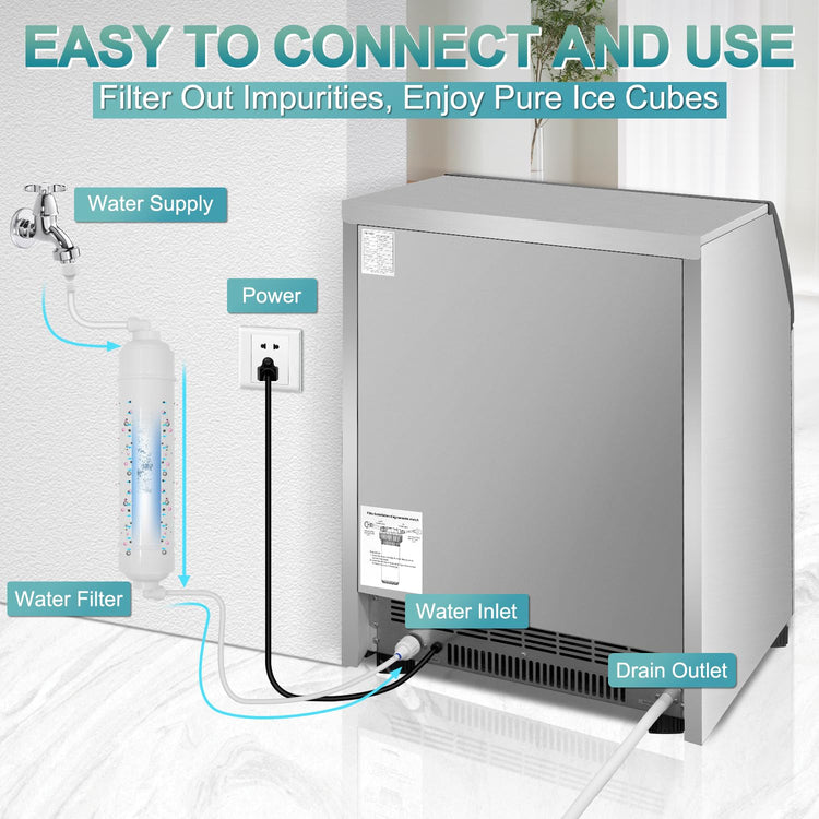 Commercial Ice Maker Machine 260Lbs/24H, 72pcs Ice Cubes Under Counter Ice Machine with Water Line and Filter, Freestanding Ice Maker Machine with 55Lbs Storage ice Bin for Home/Shop/Office/Bar