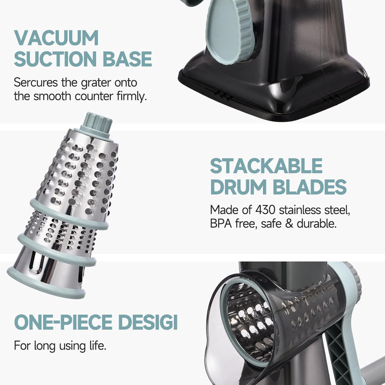 Rotary Cheese Grater Hand Crank Cheese Shredder Vegetable Mandoline Slicer for Kitchen 3 in 1 Changeable Blades for Cheese Potato Nuts Chocolate Ice(GreyBlue)