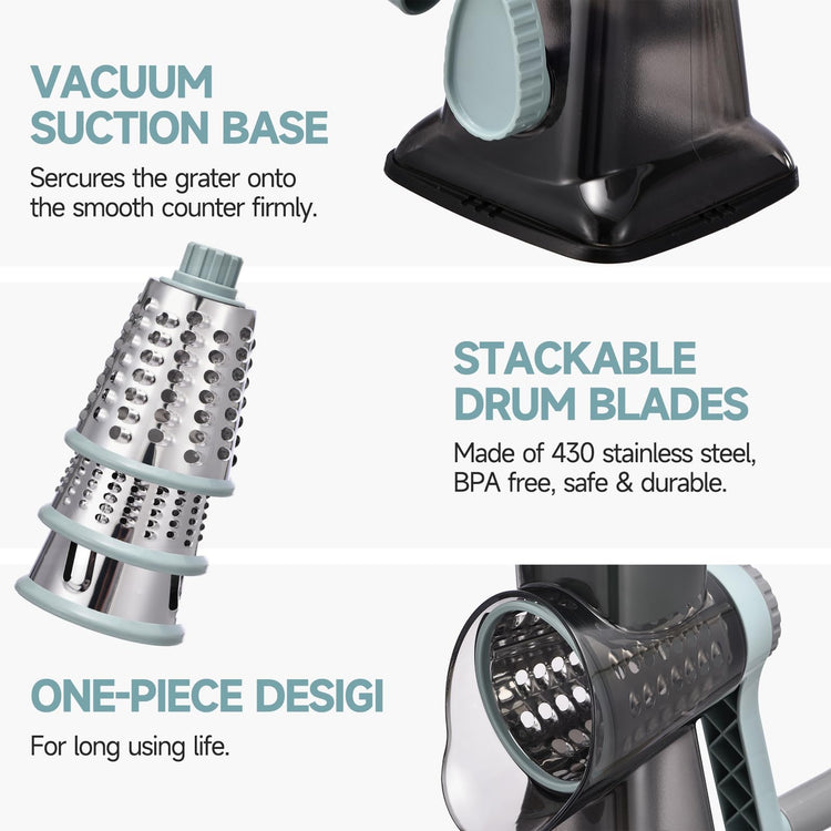 Rotary Cheese Grater with Handle Kitchen Shredder Slicer Grater Slicer Ice Shaver Cheese Vegetable Nuts Potato Zucchini Chocolate 3 Interchangeable Blades