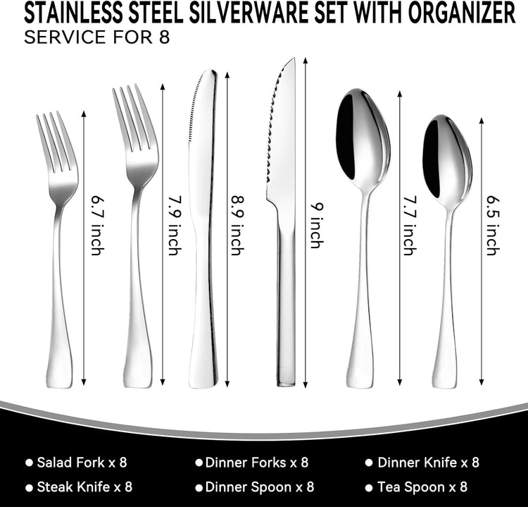 49-Piece Silverware Set with Organizer, Stainless Steel Kitchen Utensils Set for 8, Cutlery Flatware Set with Steak Knives Fork Spoon for Home Kitchen Tableware, Dishwasher Safe