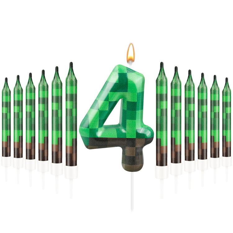13 Pcs Dynamite Candles 12 TNT Themed Birthday Cake Candles and Number 4 Candle Cake Topper for Pixel Theme Birthday Party Anniversary Party Dynamite Theme Party Video Game Party Supplies (13 Count)