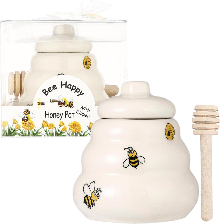 12 Sets Ceramic Bee-Happy Honey Pot with Dipper,Honey Jar Serving Set with Exquisiting Package for Wedding Favor,Bridal Shower Favor, Baby Shower Favor,Party Favor (12)