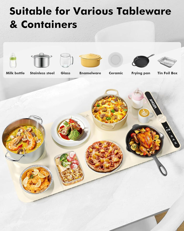 Warming Mat for Food, Fast Heating Electric Food Warmer with 9 Level Temperature and 6 Hours Timer, Extra Large Roll Up Silicone Food Warming Mat, Portable Warming Trays for Buffets Party (Yellow)