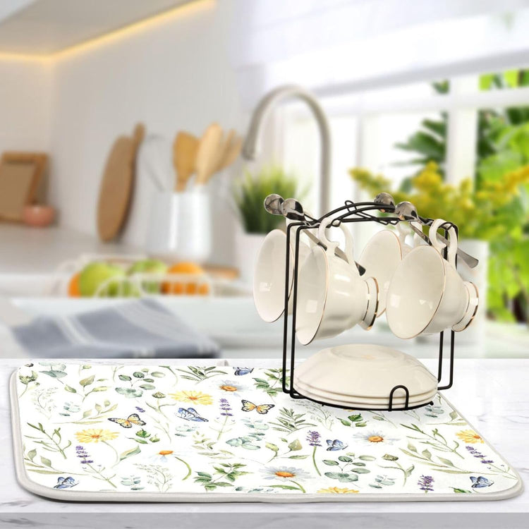 Wildflowers Butterflies Botanical Leaves Dish Drying Mat for Kitchen Counter Absorbent Microfiber Drying Pad, Large 18x24 in, Reversible Drainer Mats