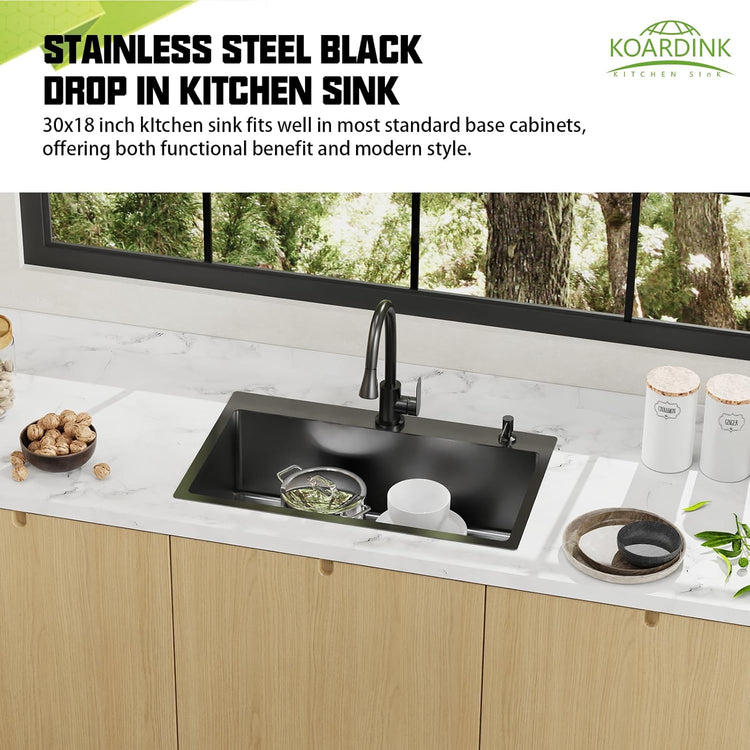 Black 30x18 In Drop In Kitchen Sink-Stainless Steel Topmount Modern Single Bowl Kitchen Sink Come With Silicon Mat,Drain Strainer Set Offer Large Basin And Compatibility With Various Kitchen&Bar Style