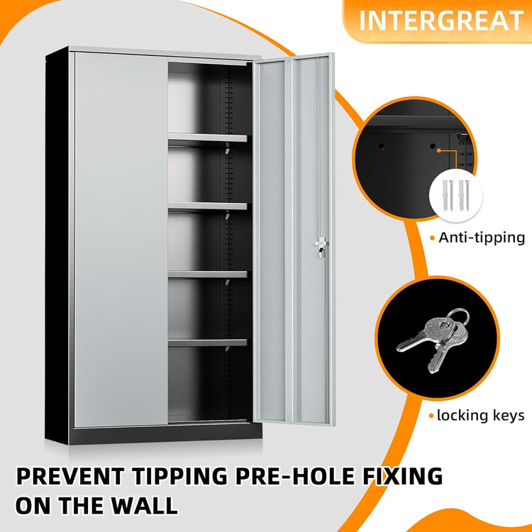 INTERGREAT Metal Storage Cabinets 72” Black Grey Garage Steel Storage Cabinet with Doors and Shelves, Steel File Cabinet for Home Office, Basement, Warehouse, Classroom(Anti Tipping)