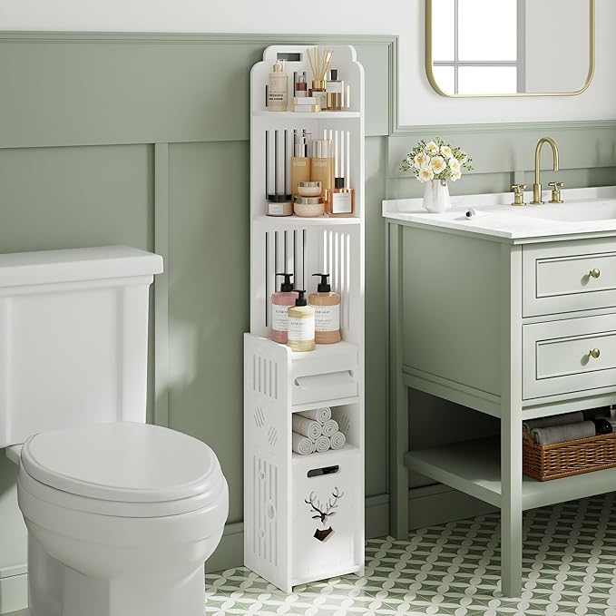 VECELO Storage Cabinet for Small Spaces,Skinny Toilet Paper Holder Stand with 3 Shelves,No Drills, (White, 3Shelf+1Drawer)