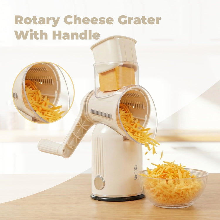Rotary Cheese Grater Manual Hand Crank with 5 Blades & Suction Base