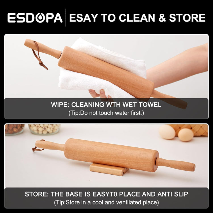 Classic Wood Rolling Pin - Wooden Rolling Pins for Baking Silicone Mat Set, Dough Roller with Wood Base, Fondant Roller for Pie Crust Cookies Pizza Dough and Bread, 17 Inch