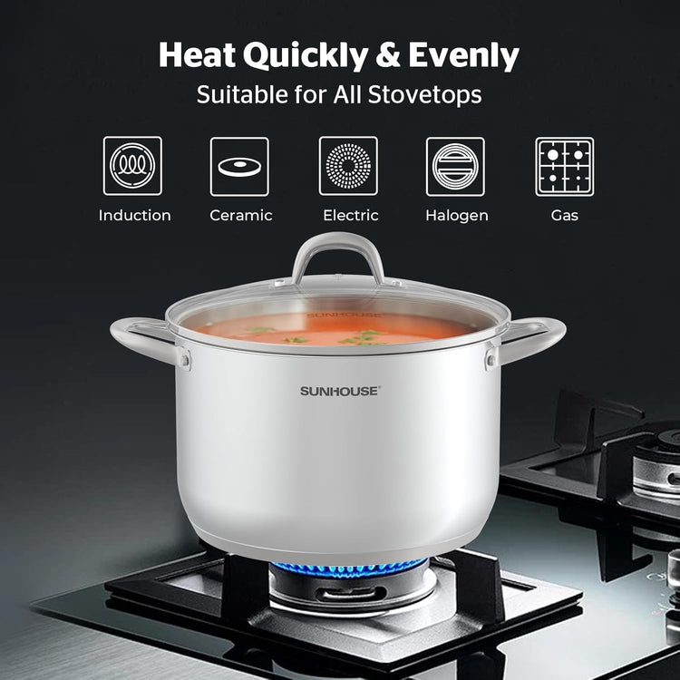 Sunhouse Stainless Steel Stock Pot - 11 Quart Heavy-Duty Induction Cooking Pot with Visible Lid for Pasta, Soup, Spaghetti - Nonstick Thick-Bottom Deep Stockpot for Canning, Boiling, and Simmering