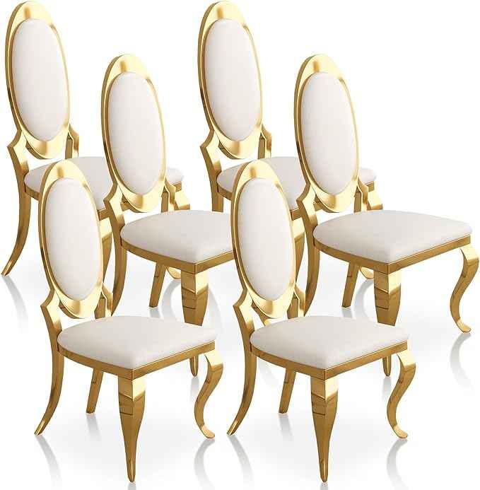 Modern Dining Chairs Set of 6, Luxury Faux Leather Upholstered Armless Dining Room Chair with Mirrored Stainless Steel Gold Legs, Mid Century Accent for Wedding Party Banquet Reception, White