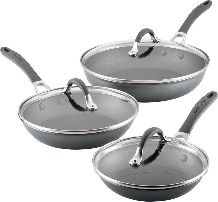 Circulon A1 Series with ScratchDefense Technology Nonstick Induction, Frying Pans/Skillets with Lids, Metal Utensil Safe, Skillet Set w/Lid (8.5", 10" & 12") - Graphite
