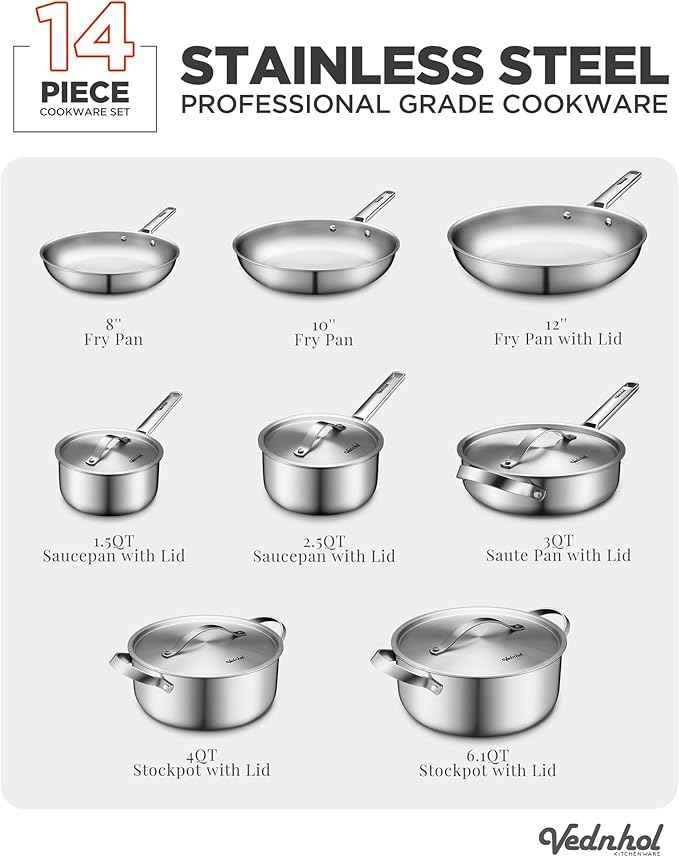 Stainless Steel Cookware Set, 14 Pcs Tir-Ply Pots and Pans Set, PFOA&PTFE Free, Dishwasher&Oven Safe, Kitchen Induction Compatible, ollas de acero inoxidable para cocinar