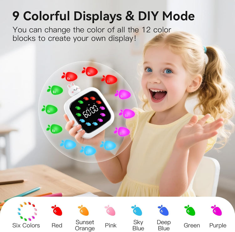 Yunbaoit Digital Visual Timer for Kids, Rechargeable 99-Minute Silent Countdown Timer with 19 Ringtones, 9 Optional DIY Color Carrot Display, Time Management Tool with Pause Function (Rabbit)