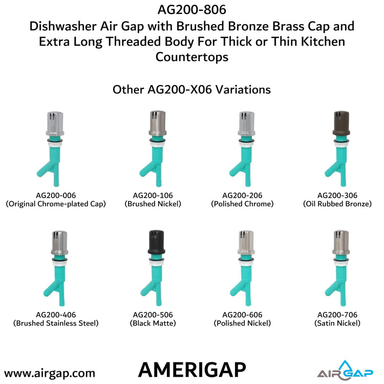 Dishwasher Air Gap with Skirted Brushed Bronze Brass Cap and Extra Long Threaded Body for Thick or Thin Kitchen Countertops
