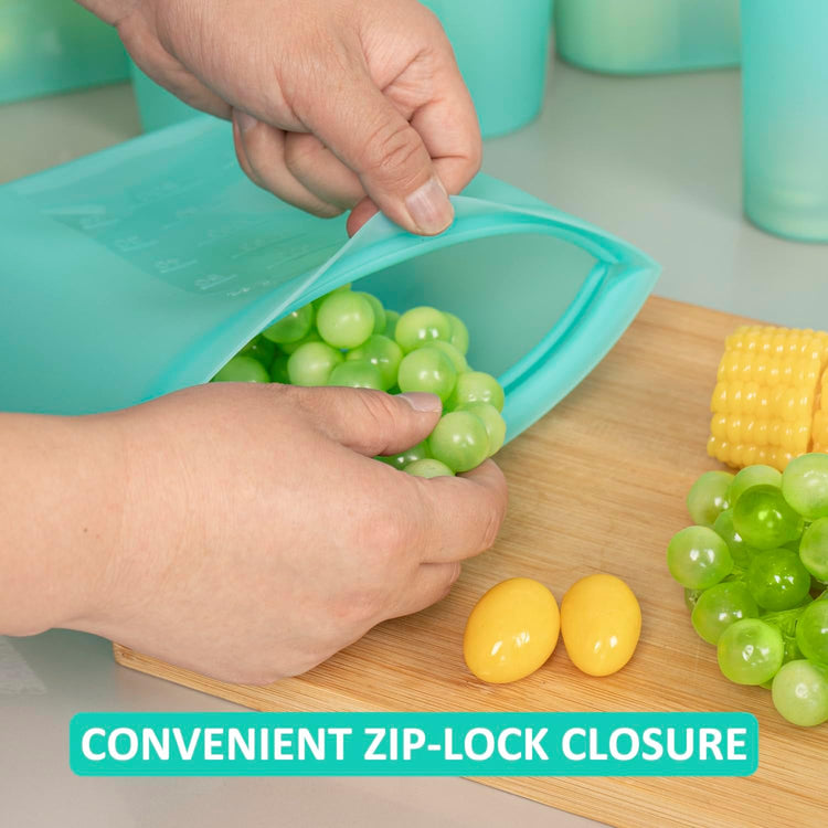 Reusable Food Bags, 8 Pack 100% Silicone Food Storage Bags Stand Up Zip Lock Container, Freezer Microwave Oven Dishwasher Safe, 4 Medium 2 Small 2 Extra Small, Aqua