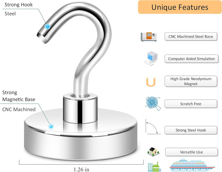 Neosmuk Magnetic Hooks for Cruise Cabins, Heavy Duty 130lb Strong Magnet Hook, Cruise Ship Essentials for Hanging, Metal Wall Refrigerator Hangers (Silver White, 10 Pack)