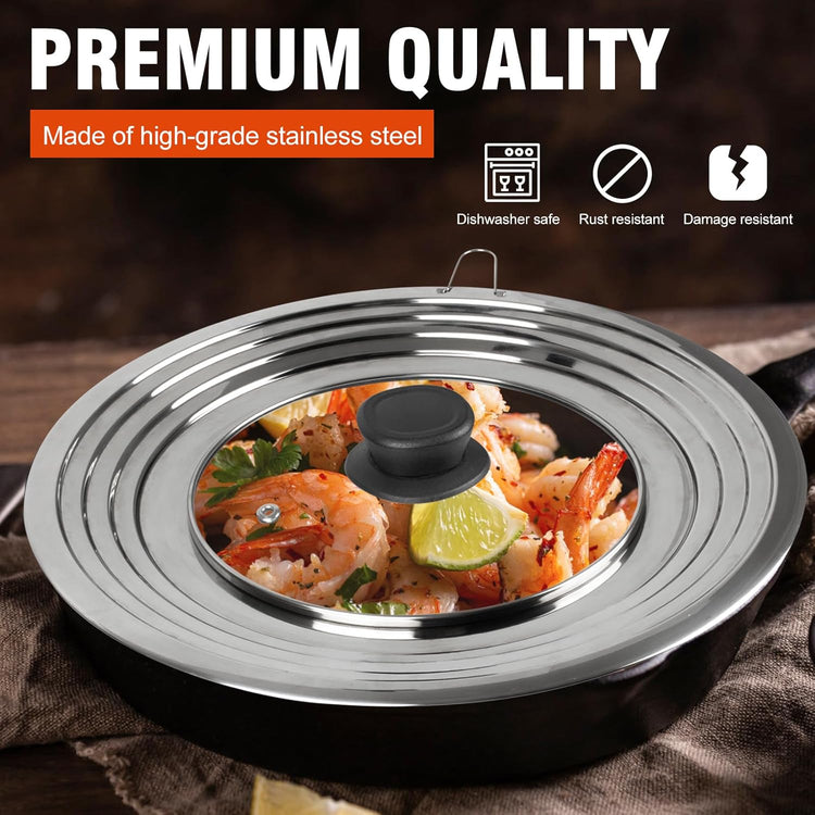 Universal Lids with Tempered Glass Top Fits 6, 7, 8 & 8.2, 9, 10, 11, 12, 12.5 Inch Cookware, Replacement Frying Pan Cover for Pots, Pans and Skillets, Cast Iron Lids for Space Saving
