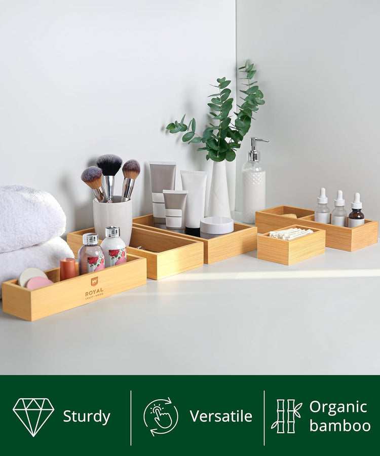 ROYAL CRAFT WOOD 5-Piece Bamboo Drawer Organizer Set โ Multi-Use Storage Trays for Kitchen, Bathroom, Office, Makeup, Jewelry & More โ Junk Drawer Tray, Utensil Holder, Storage Box & Bin Set (5 Boxes)