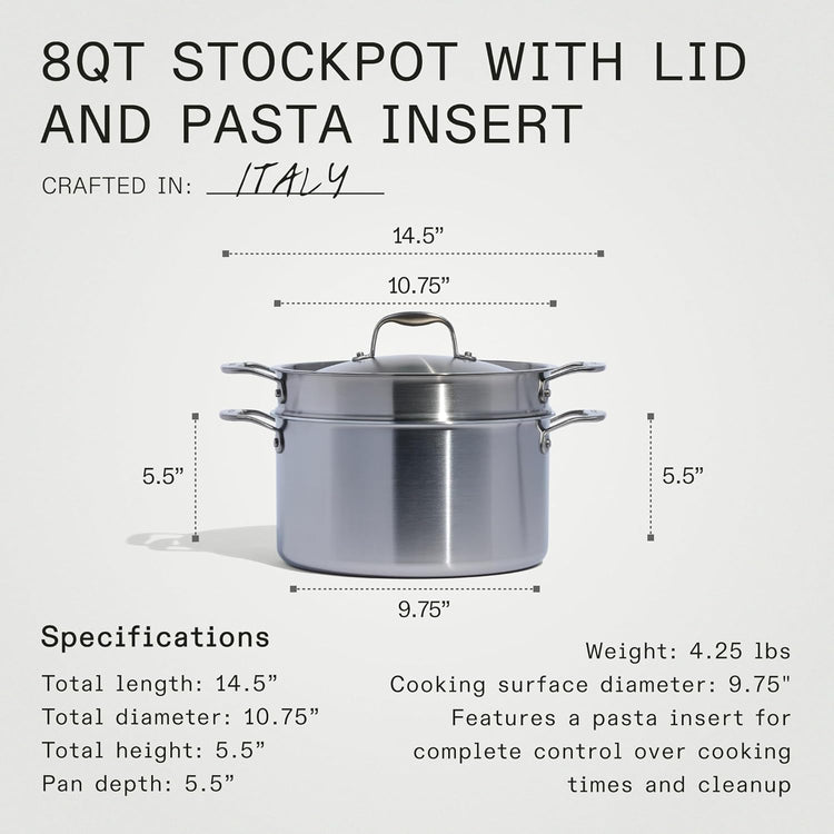 Made In Cookware - 8 Quart Stainless Steel Stock Pot With Lid and Pasta Insert - 5 Ply Stainless Clad - Professional Cookware - Crafted in Italy - Induction Compatible - Nestoria
