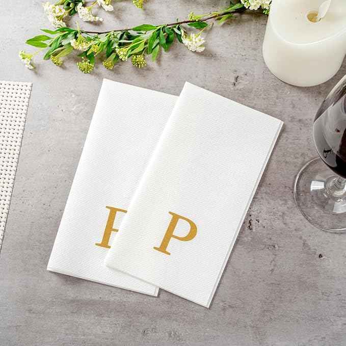 Luxenap 15.8 X 7.9 Inch Linen-Feel Guest Towels, 2000 Lettered Hand Towels - Gold Letter 'P', Sans Serif Font, White Paper Dinner Napkins, airlaid, For Restrooms And Tables
