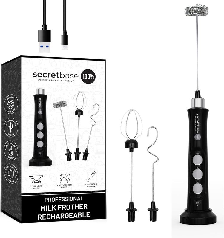Secretbase 3 Speed Rechargeable Milk Frother Handheld, USB Charging Cradle - Stainless Steel Whisk for Bulletproof Coffee, Espresso Whipper, Mini Electric Stirrer (Black Frother without Pitcher)